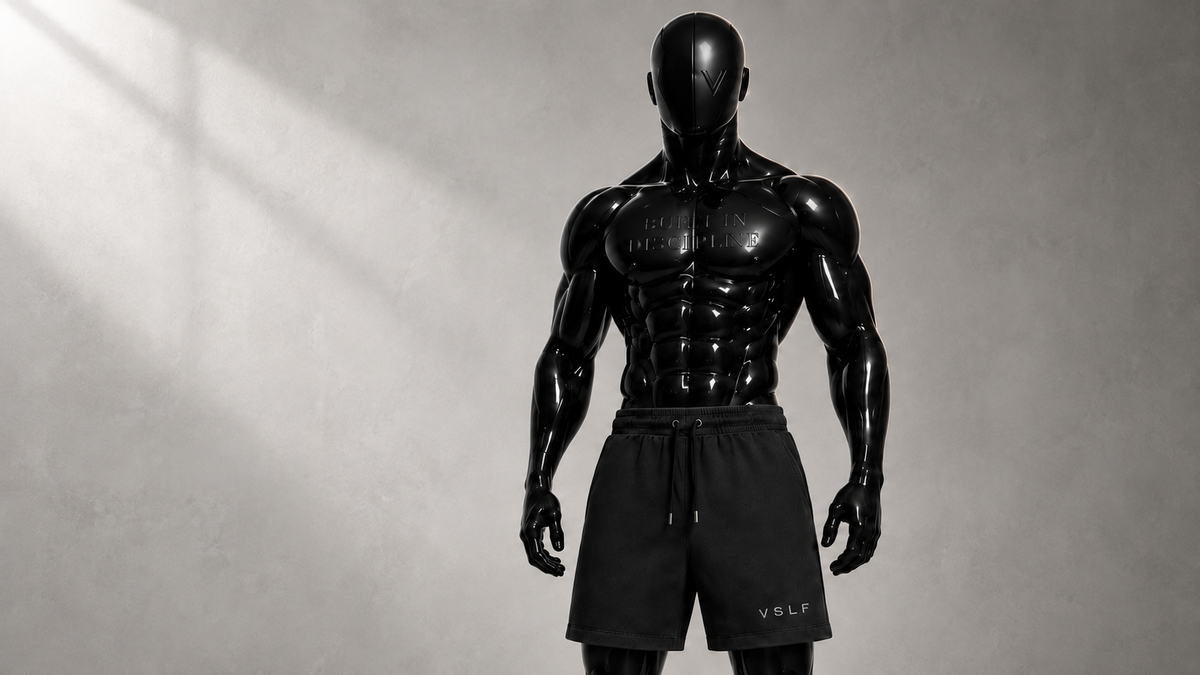V, VSLF’s sculpted black brand model, wearing black VSLF shorts against a softly lit stone backdrop.