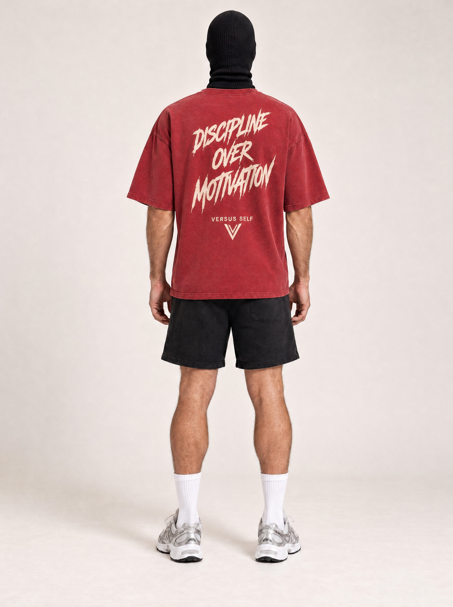 VSLF D.O.M Tee - Washed Red — rear view on the full-cover Faceless model.