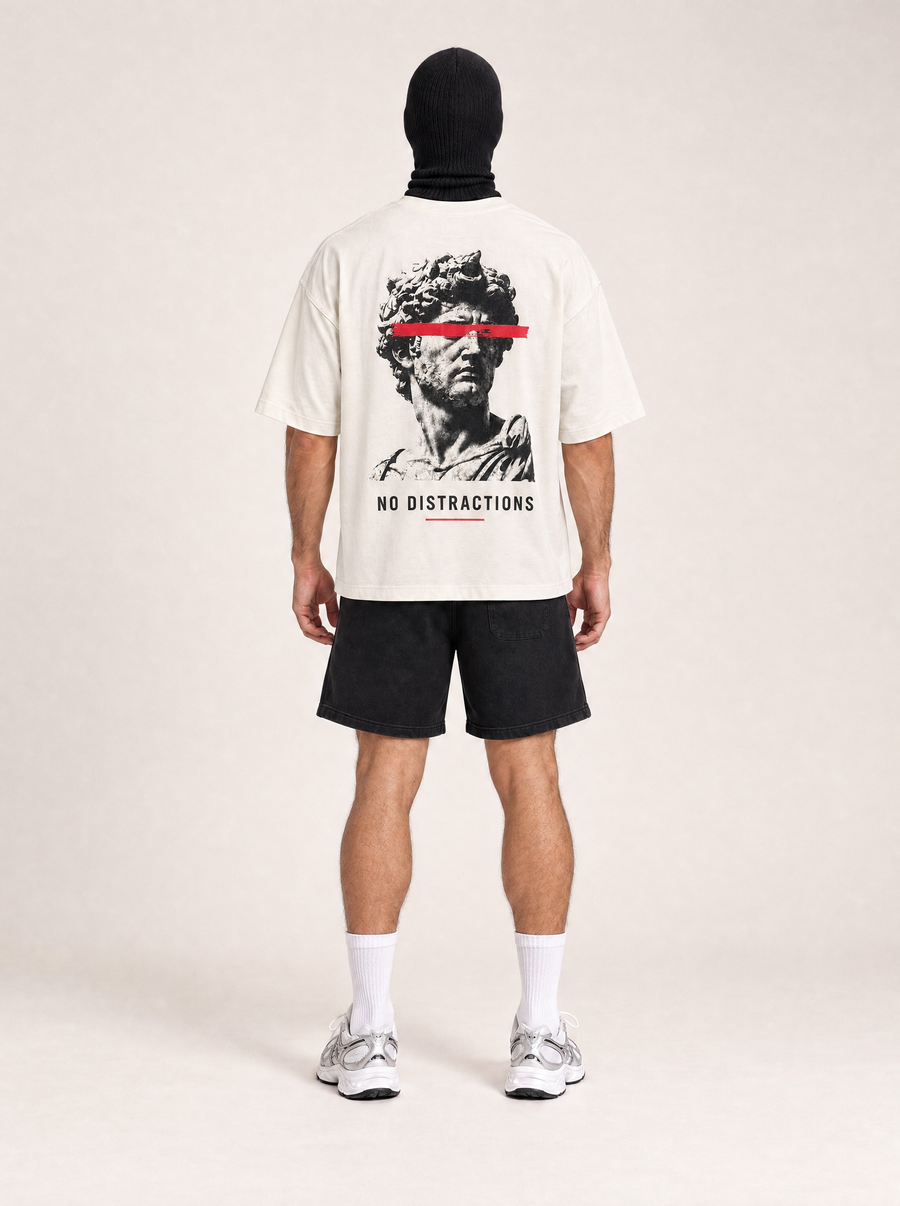 VSLF No Distractions Tee - Off White — rear view on the full-cover Faceless model.