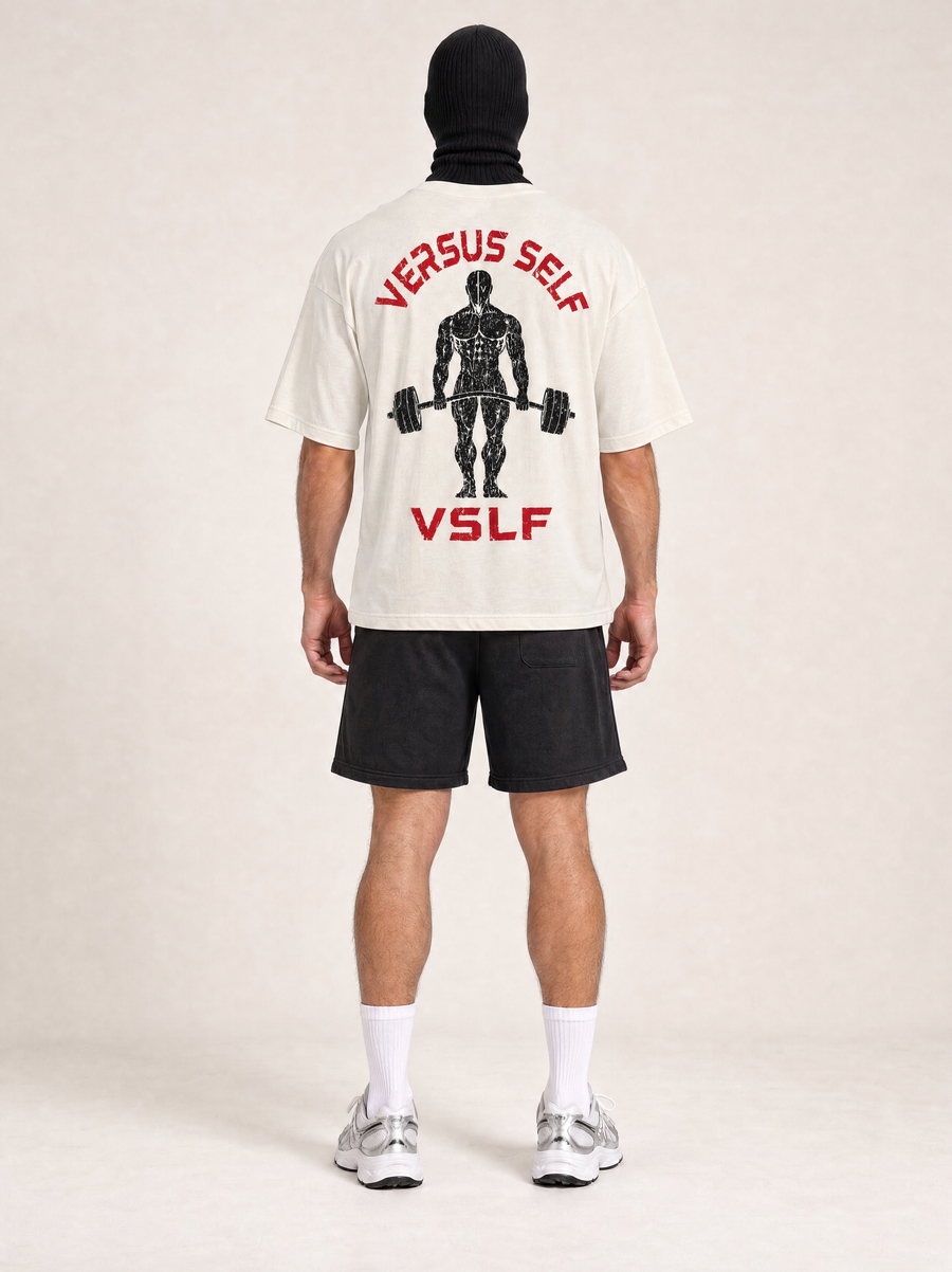 VSLF V Deadlift Tee - Off White — rear view on the full-cover Faceless model.
