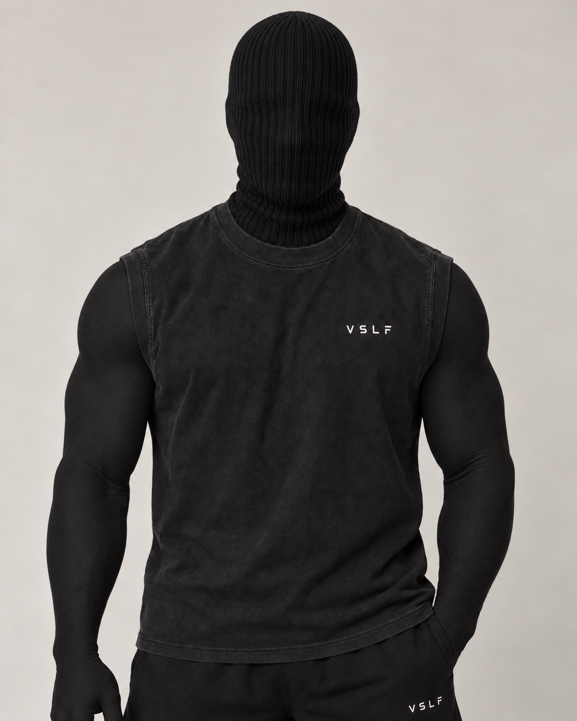 VSLF product photograph 04-01 on model with black ribbed balaclava and morphsuit