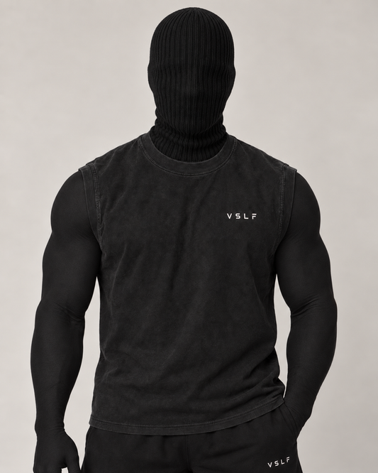 VSLF product photograph 04-01 on model with black ribbed balaclava and morphsuit