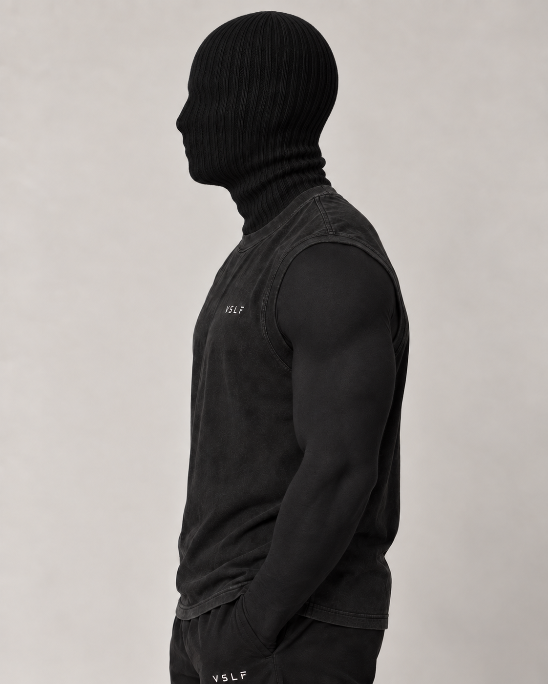 VSLF product photograph 04-02 on model with black ribbed balaclava and morphsuit