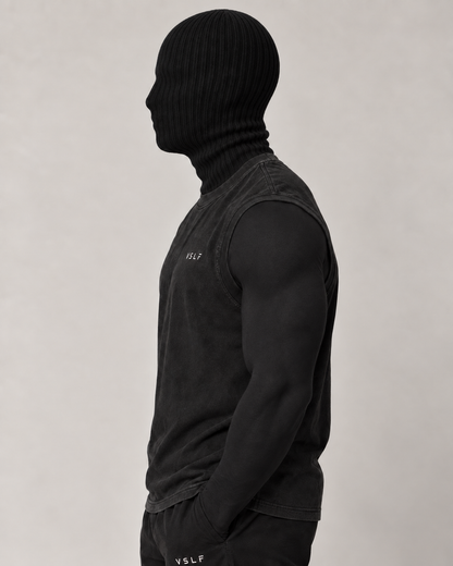 VSLF product photograph 04-02 on model with black ribbed balaclava and morphsuit