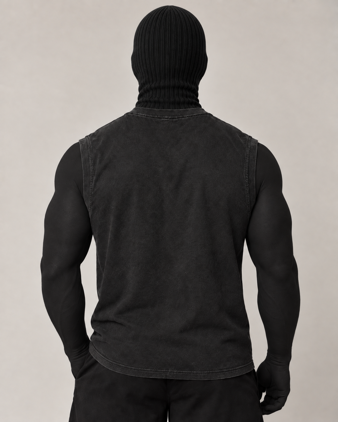 VSLF product photograph 04-03 on model with black ribbed balaclava and morphsuit