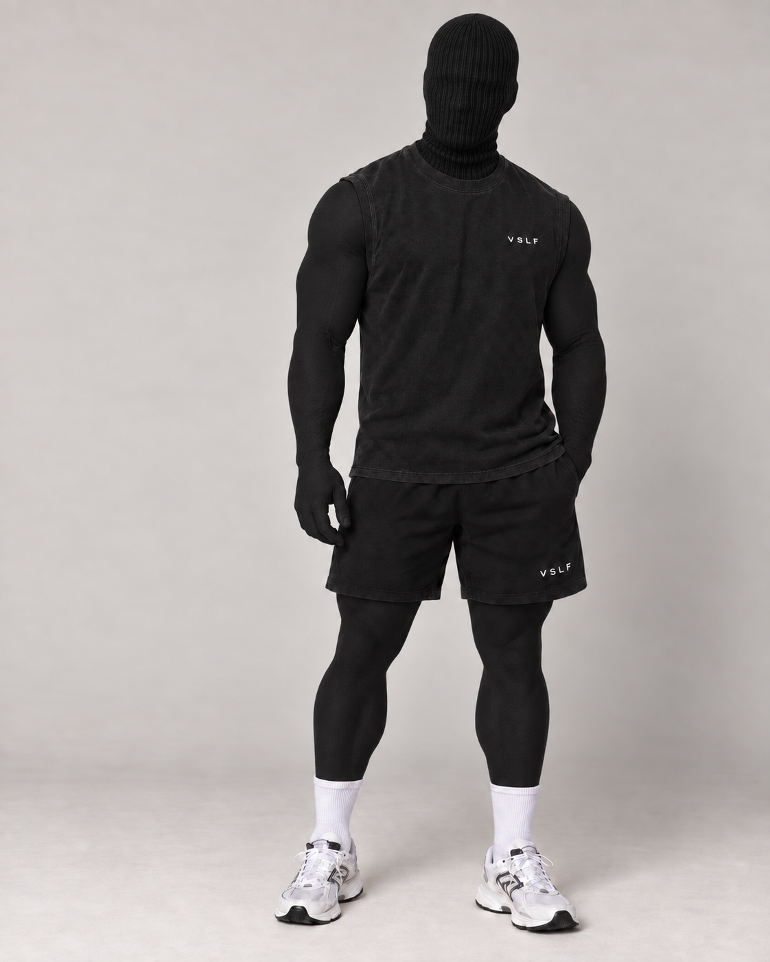 VSLF product photograph 04-04 on model with black ribbed balaclava and morphsuit