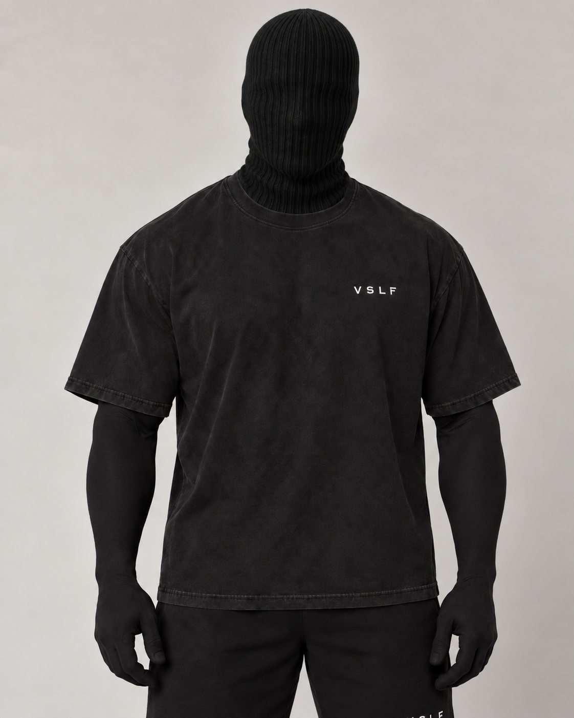 VSLF product photograph 05-01 on model with black ribbed balaclava and morphsuit