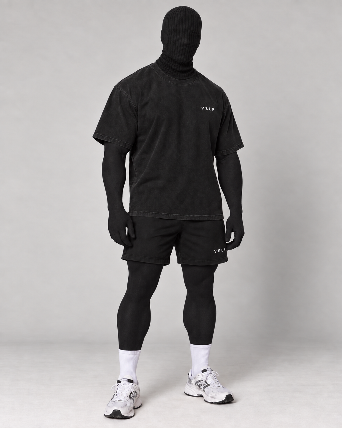 VSLF product photograph 05-05 on model with black ribbed balaclava and morphsuit