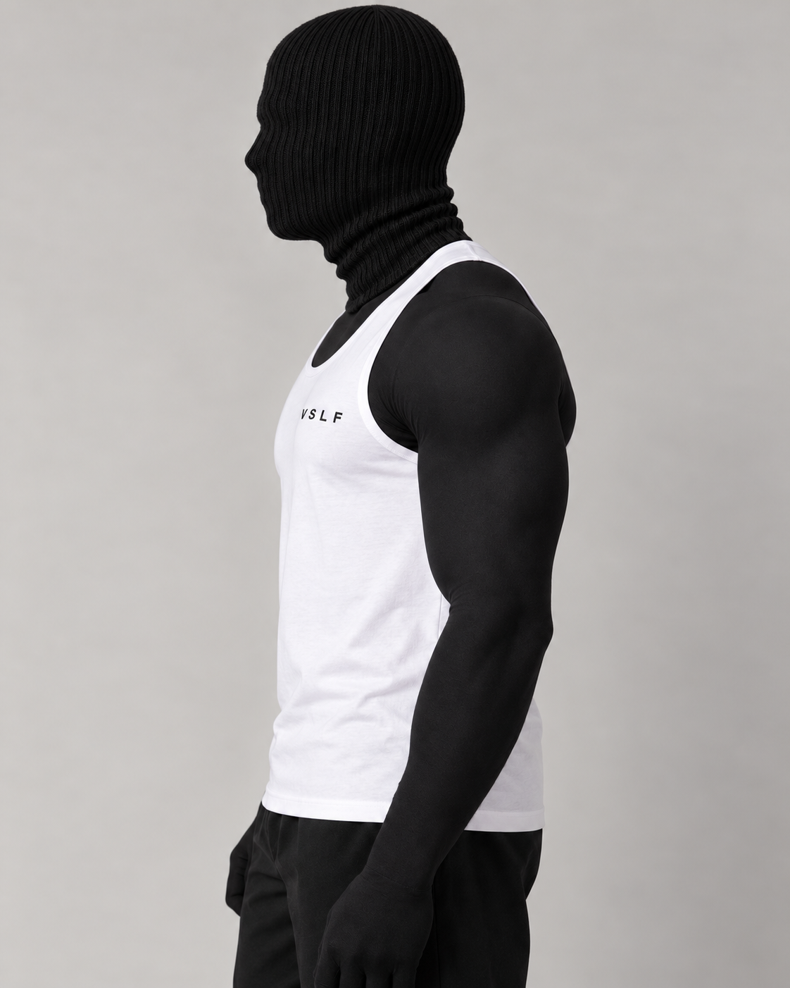 VSLF product photograph 07-02 on model with black ribbed balaclava and morphsuit