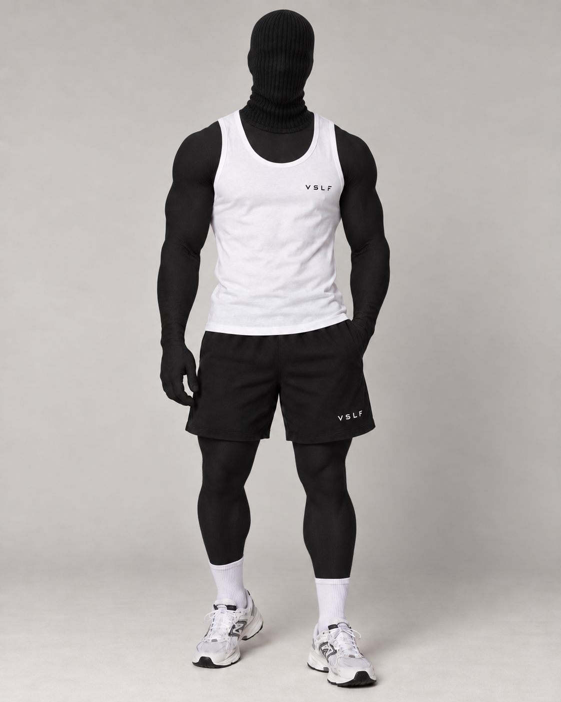 VSLF product photograph 07-04 on model with black ribbed balaclava and morphsuit