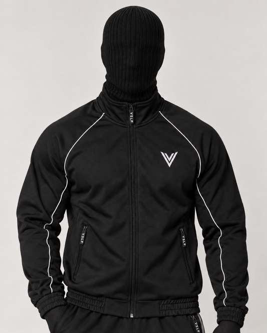 VSLF model photograph 08-01 with black ribbed balaclava and matte morphsuit