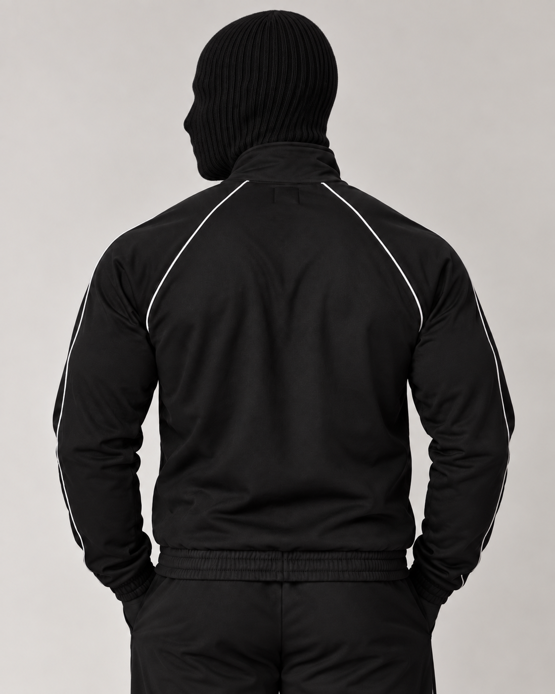 VSLF model photograph 08-03 with black ribbed balaclava and matte morphsuit