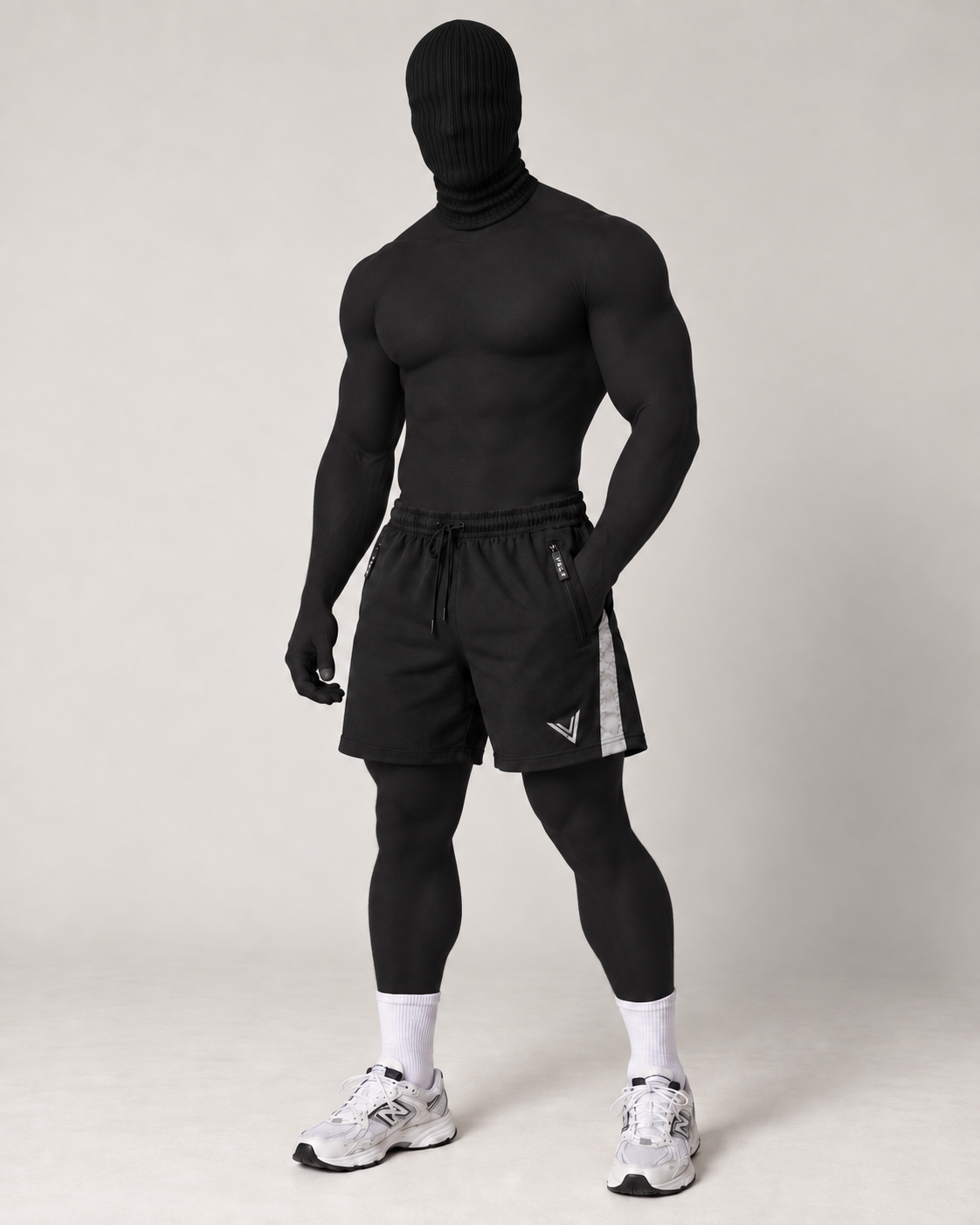 VSLF model photograph 09-05 with black ribbed balaclava and matte morphsuit