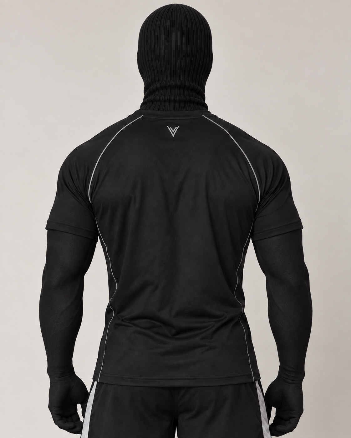 VSLF model photograph 10-03 with black ribbed balaclava and matte morphsuit