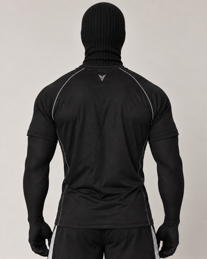 VSLF model photograph 10-03 with black ribbed balaclava and matte morphsuit