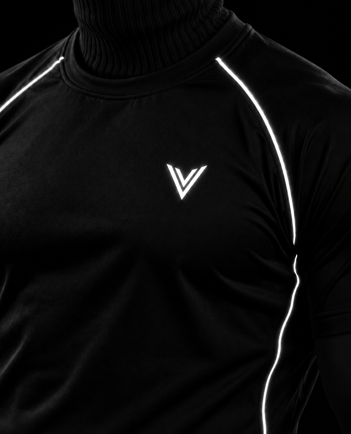 VSLF model photograph 10-04 with black ribbed balaclava and matte morphsuit
