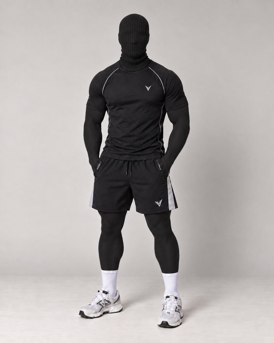VSLF model photograph 10-05 with black ribbed balaclava and matte morphsuit