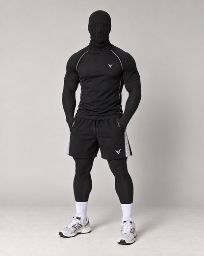 VSLF model photograph 10-05 with black ribbed balaclava and matte morphsuit